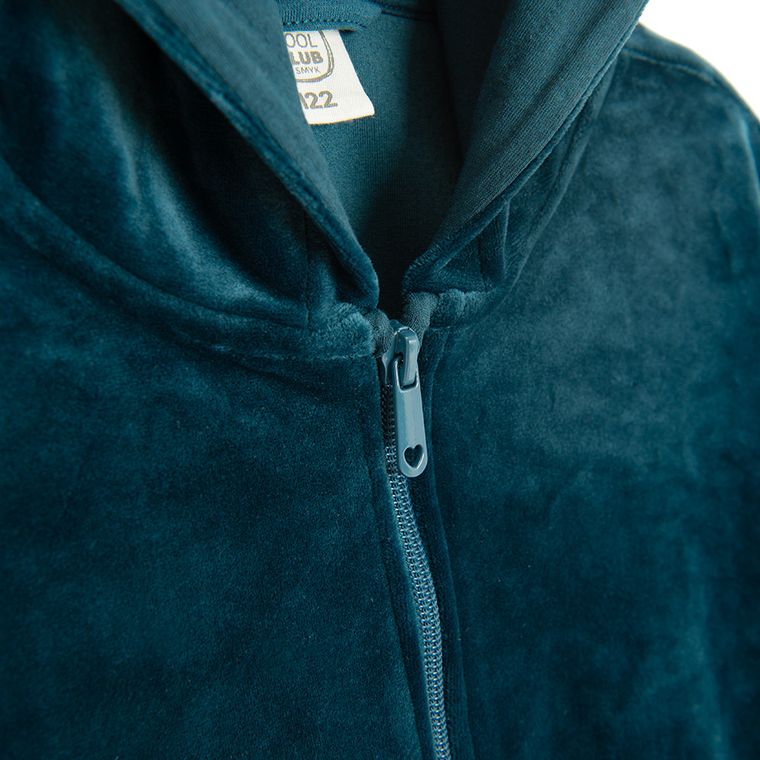 Cool Club, Bluza dziewczęca z kapturem, rozpinana, welurowa, turkusowa