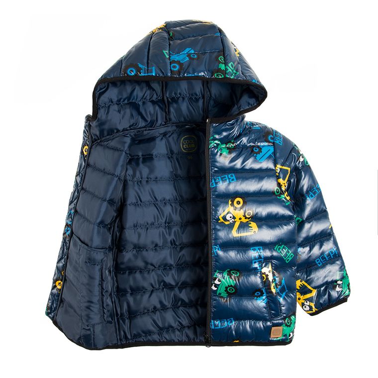 Cool Club, Kurtka jesienna chłopięca, granatowa, pikowana, maszyny budowlane