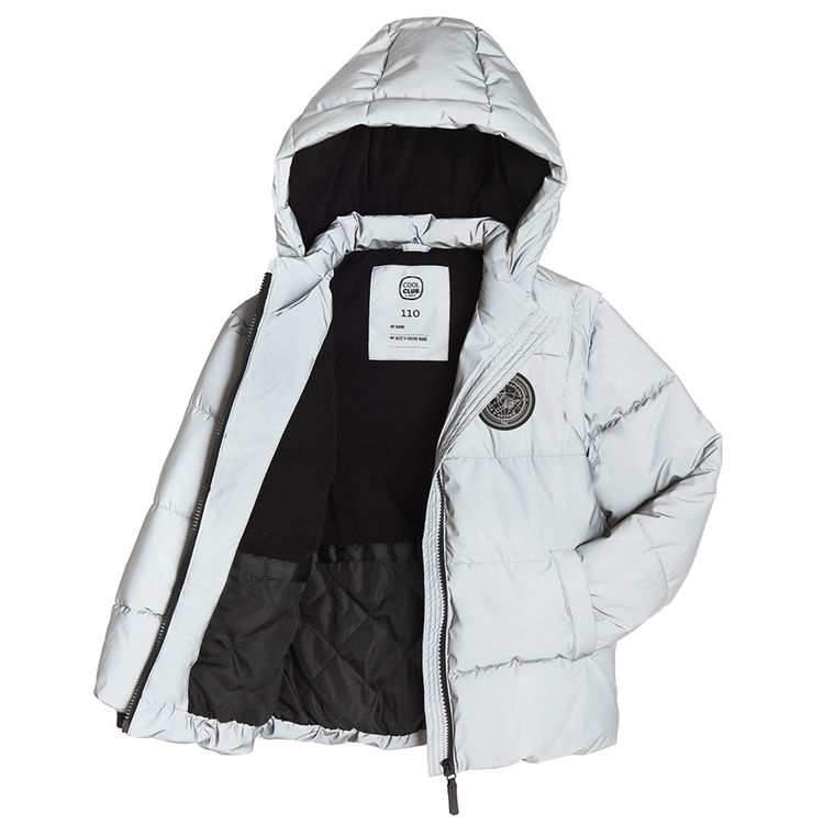 Cool Club, Odblaskowa kurtka chłopięca z kapturem, 2w1, ocieplana, srebrna