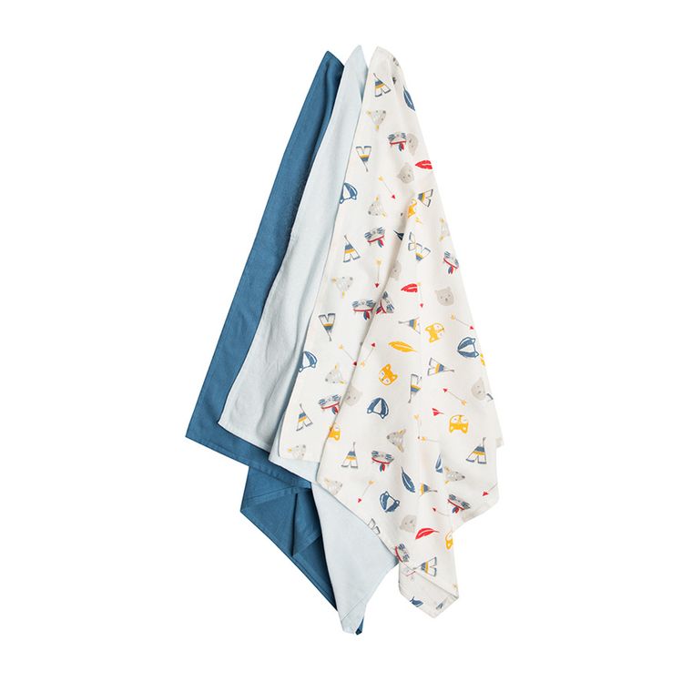 Cool Club, Pieluchy chłopięce flanelowe, Blue Indian Adventure, 70-70, zestaw, 3 szt.