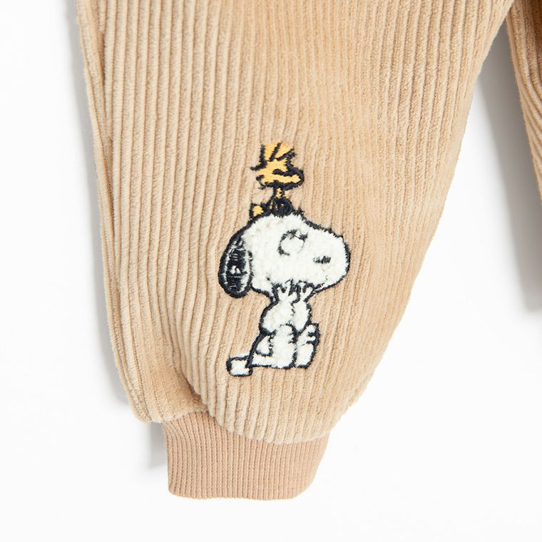 Cool Club, Spodnie dresowe chłopięce, welurowe, brązowe, Snoopy