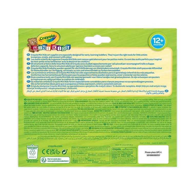 Crayola, Mini Kids, zmywalne flamastry z płaską końcówką odporną na nacisk, 12 szt.