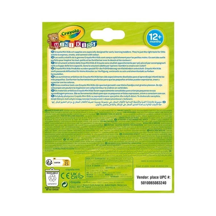 Crayola, Mini Kids, zmywalne flamastry z płaską końcówką odporną na nacisk, 8 szt.