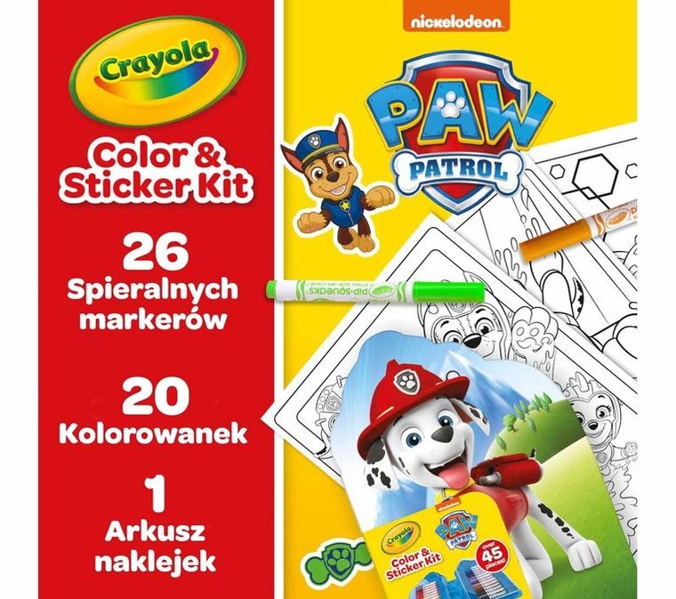 Crayola, Psi Patrol, zestaw artystyczny z kolorowankami, naklejkami i flamastrami, 47 elementów