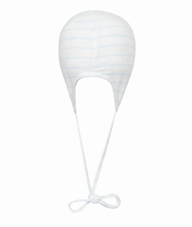 Czapka niemowlęca dwustronna, wiązana, biała, paski, słonie, Döll