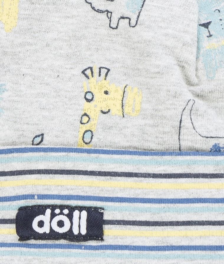 Czapka niemowlęca, wiązana, szara, paski, zwierzęta, Döll