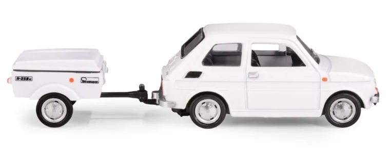 Daffi, Niewiadów, Fiat 126p z krótką przyczepką, pojazd, model metalowy, 1:43, biały