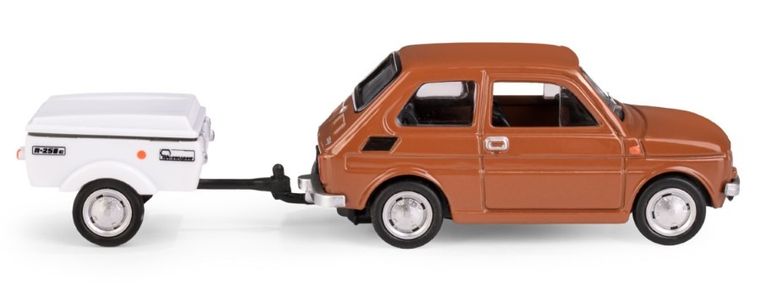 Daffi, Niewiadów, Fiat 126p z krótką przyczepką, pojazd, model metalowy, 1:43, brązowy