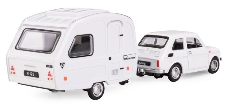Daffi, Niewiadów, Fiat 126p z przyczepą kempingową, pojazd, model metalowy, 1:43, biały