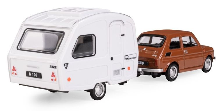 Daffi, Niewiadów, Fiat 126p z przyczepą kempingową, pojazd, model metalowy, 1:43, brązowy