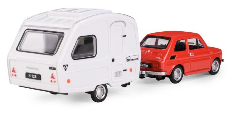 Daffi, Niewiadów, Fiat 126p z przyczepą kempingową, pojazd, model metalowy, czerwony, 1:43