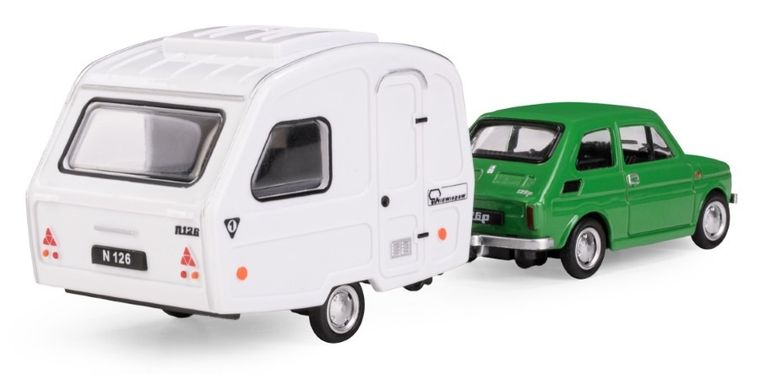 Daffi, Niewiadów, Fiat 126p z przyczepą kempingową, pojazd, model metalowy, zielony, 1:43