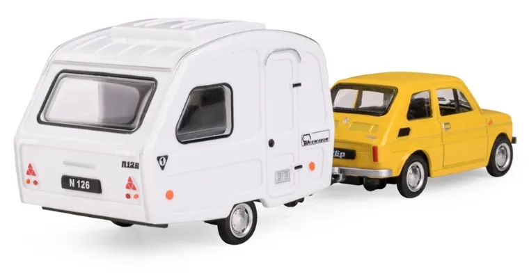 Daffi, Niewiadów, Fiat 126p z przyczepą kempingową, pojazd, model metalowy, żółty, 1:43
