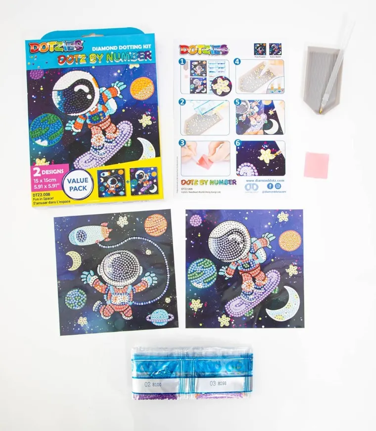 Diamond Dotz by number, diamentowa mozaika, Fun in space, 2 obrazki