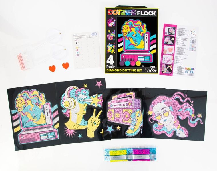 Diamond Dotz, diamentowa mozaika, flokowana, Neon Retro Classic, 4 obrazki