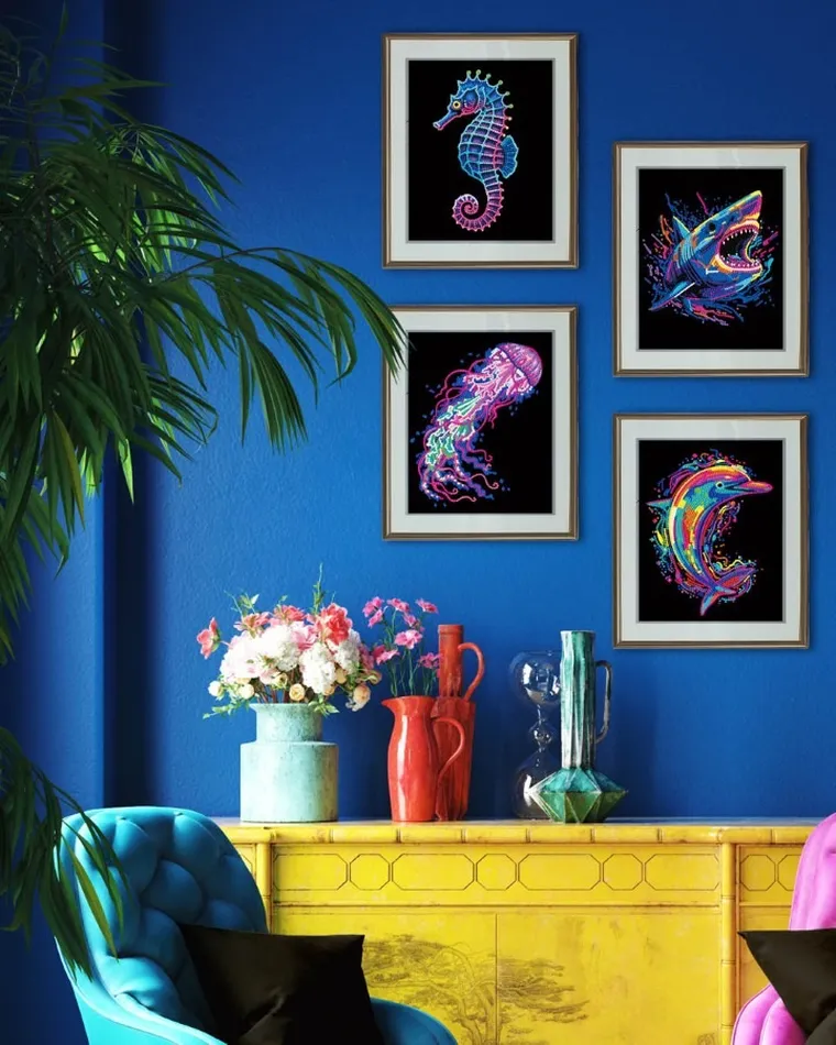 Diamond Dotz, diamentowa mozaika, flokowana, Neon Sea life, 4 obrazki