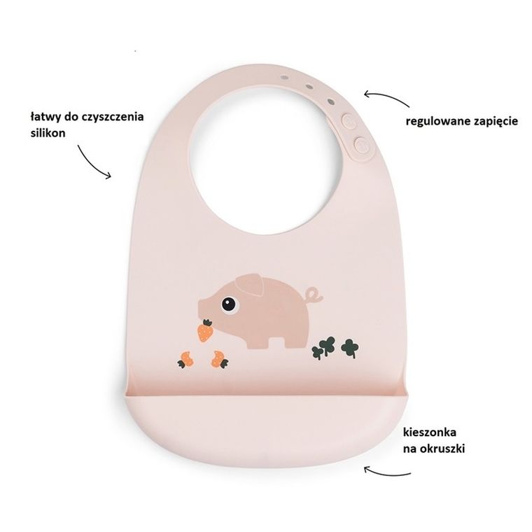 Done by Deer, Świnka Pigee, śliniak silikonowy z kieszonką, powder