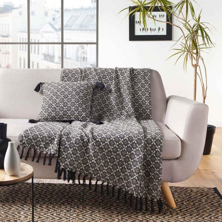 Douceur d'intérieur, poduszka dekoracyjna do salonu, Janna, z frędzlami, bawełniana, 40-40 cm