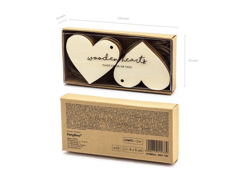 Drewniane wizytówki na stół, Serca, 6-5 cm, 10 szt.