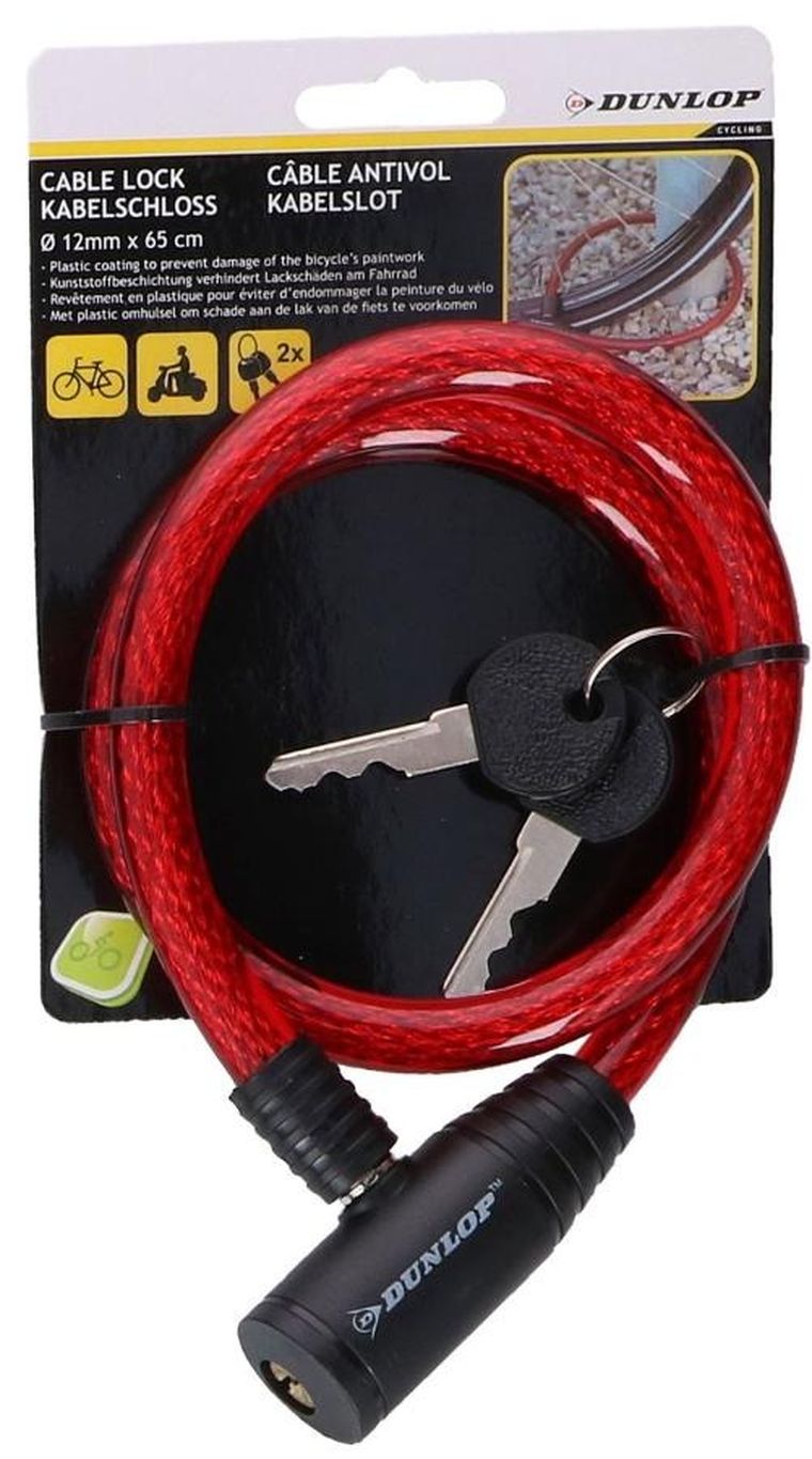 Dunlop, zapięcie rowerowe, spiralne na klucz, 12-65 cm, czerwone