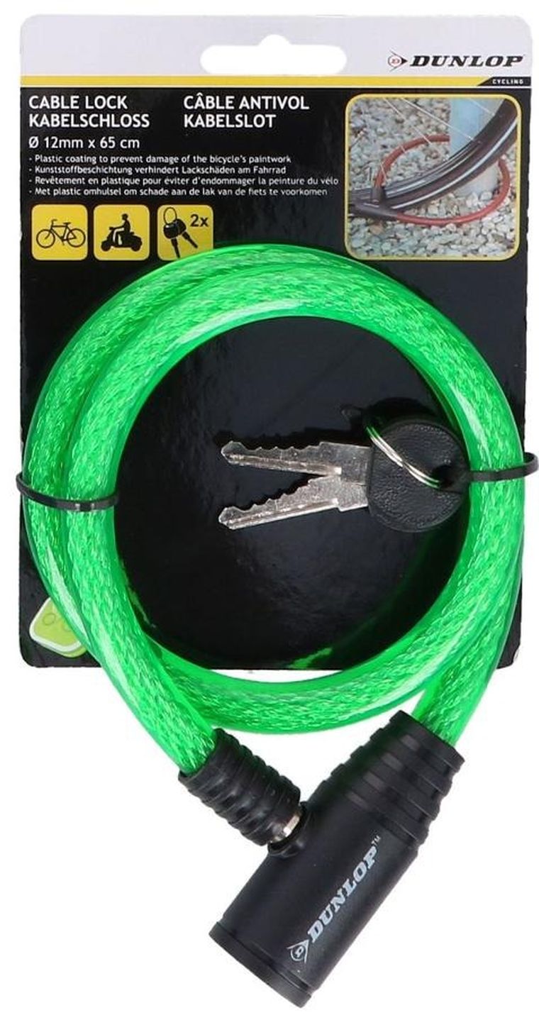 Dunlop, zapięcie rowerowe, spiralne na klucz, 12-65 cm, zielone