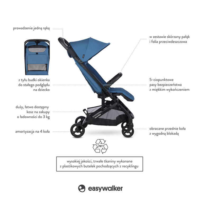 Easywalker, Miley, kompaktowy wózek spacerowy z torbą transportową, Galaxy Blue