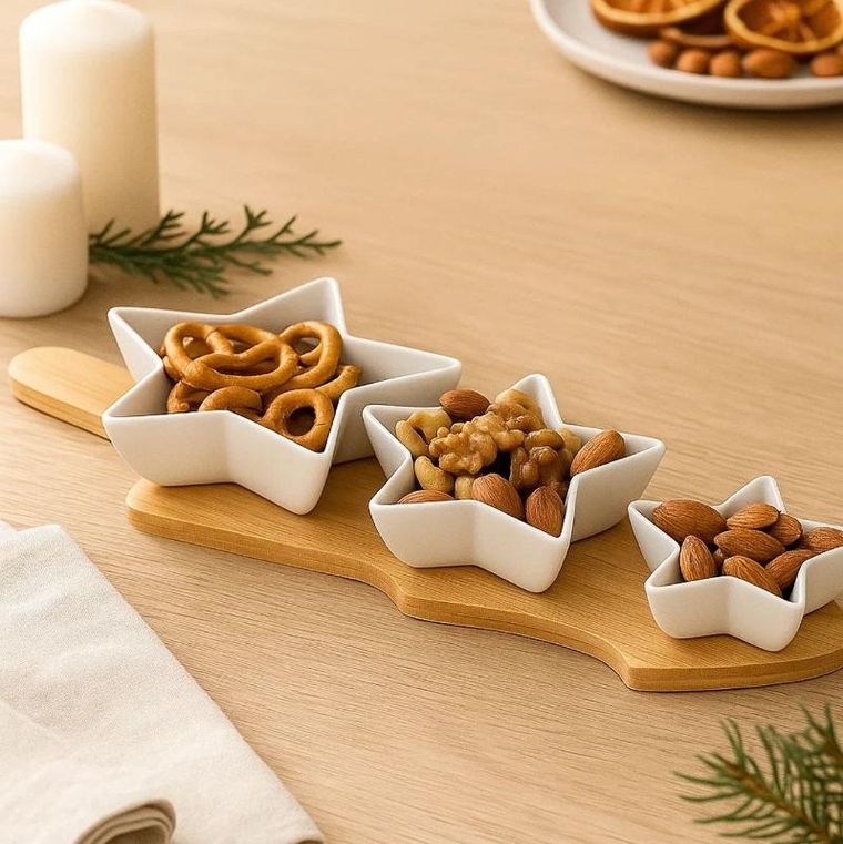 Eh Excellent Houseware, Glaceria, miseczki do serwowania przekąsek, 3 gwiazdki i bambusowa taca