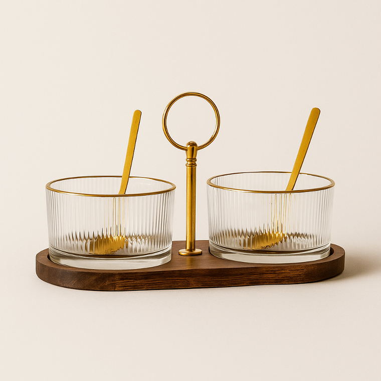 Eh Excellent Houseware, komplet dipówek na drewnianej paterze, 9 cm