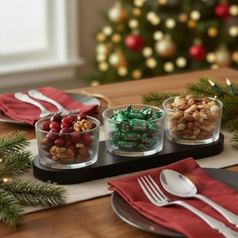 Eh Excellent Houseware, Zinari, szklane miseczki na przekąski na drewnianej podstawce, 9 cm, 4 szt.