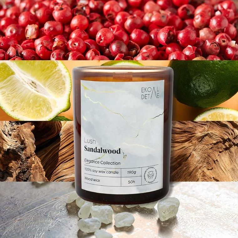 EkoDetale, Elegance, świeca sojowa w szkle, Lush Sandalwood, 190g