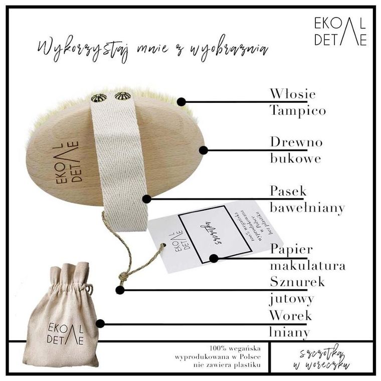 EkoDetale, Tampico, szczotka do masażu na sucho z włosiem, w woreczku