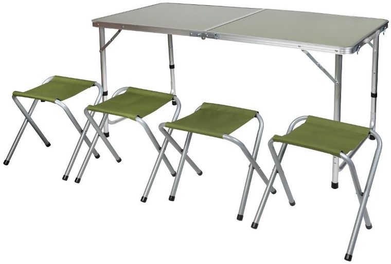Enero Camp, stolik turystyczny, składany, kempingowy, 120-60-70/62/55 cm + krzesła, zielone, 4 szt.