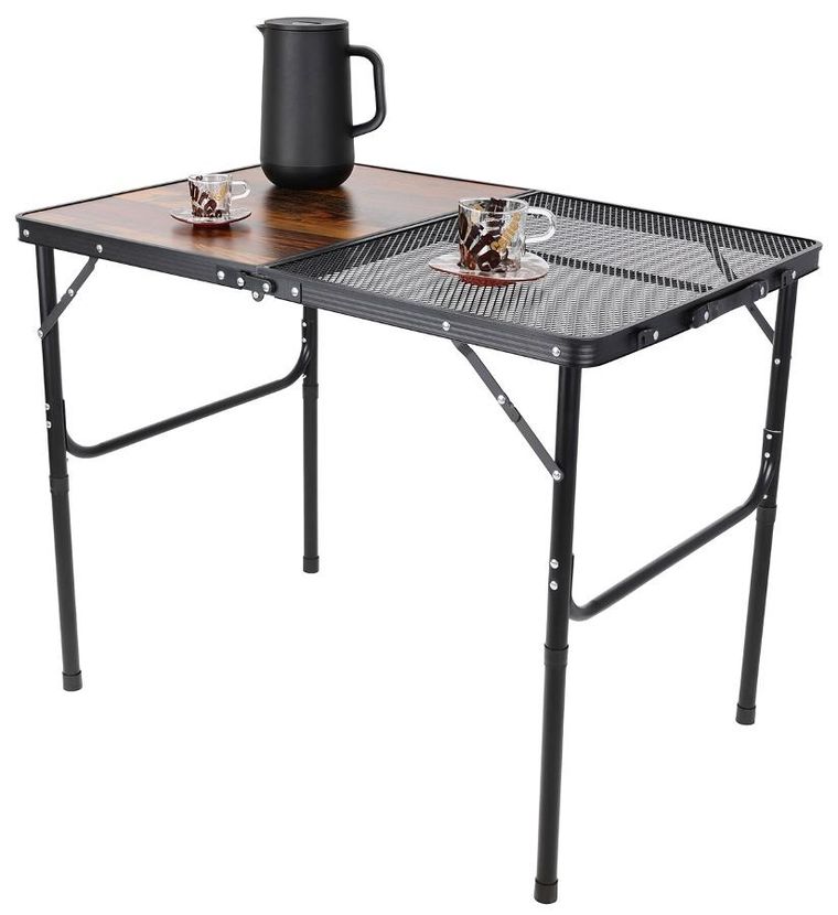 Enero camp, stolik turystyczny składany kempingowy, siatka stalowa drewno, 90-60-36-68 cm