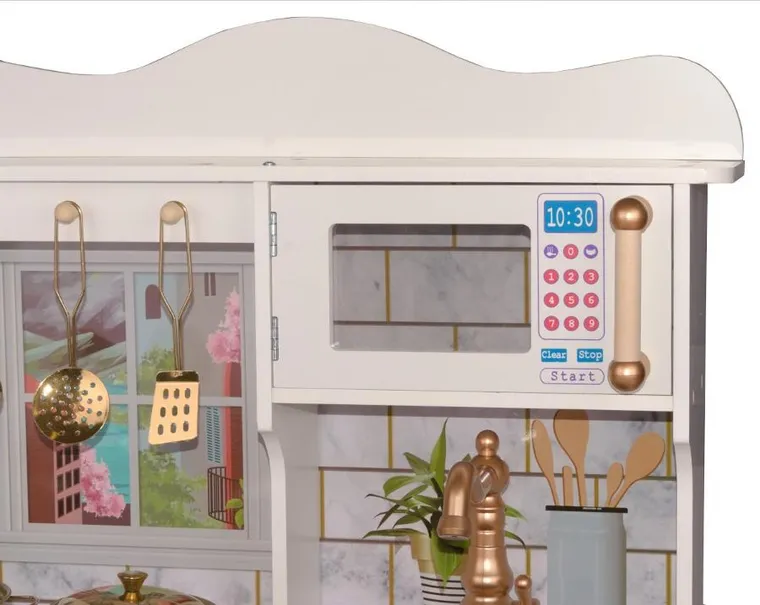 Enero Toys, kuchnia drewniana, lampka LED, biało-różowa, 60-30-88.5 cm