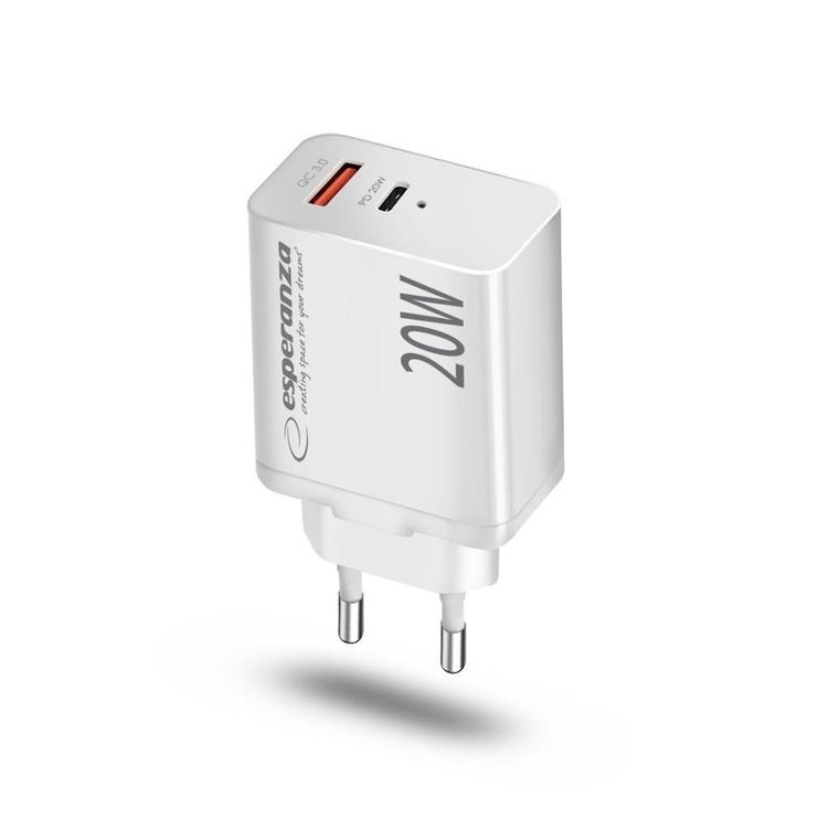 Esperanza, ładowarka sieciowa, biała, 20W, USB-C, PD 20W, USB-A, QC 3.0, 18W, EZC105W