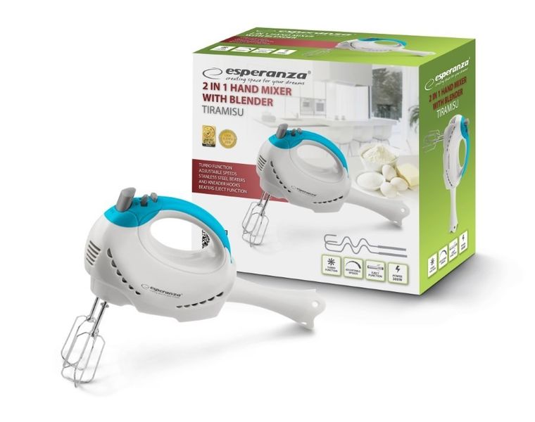 Esperanza, Tiramisu, blender, mikser ręczny, 300W, biały, EKM010