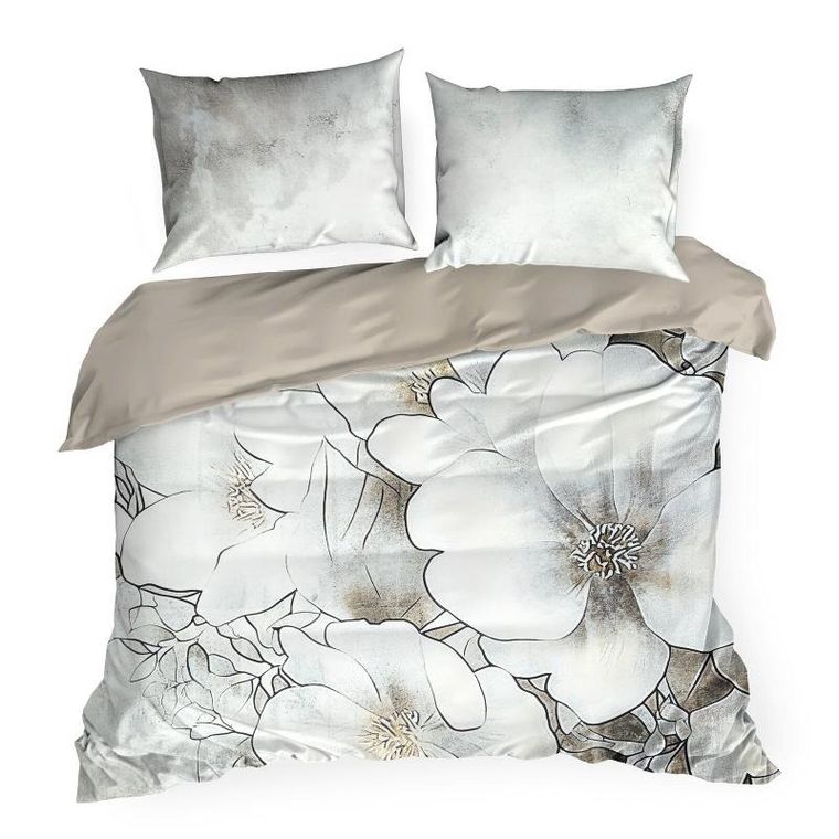 Eurofirany, komplet pościeli z satyny bawełnianej, Daisy, szarobeżowy, 160-200 cm