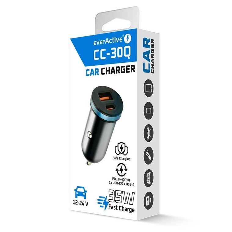Everactive, ładowarka samochodowa, USB, USB-C, 35W, czarna