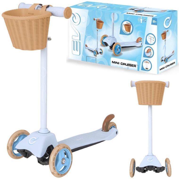 EVO, Mini Cruiser, 3-kołowa hulajnoga z koszyczkiem, błękitna