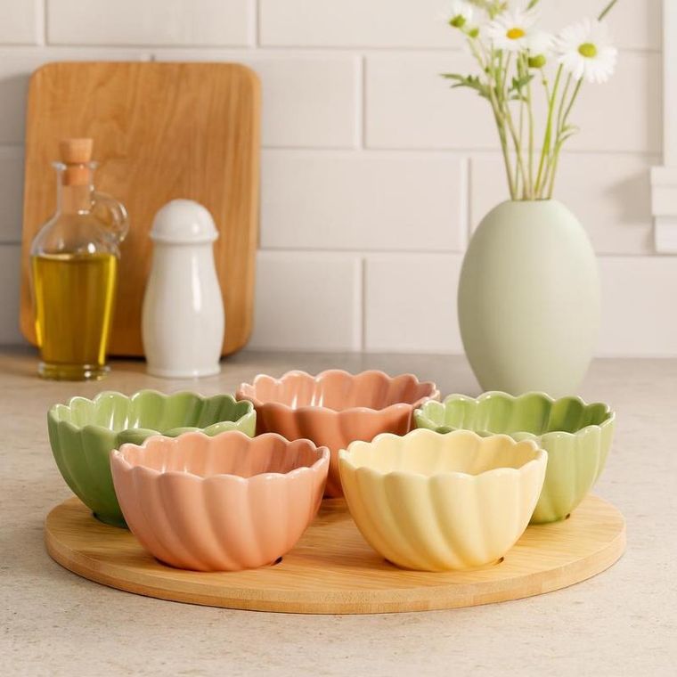 Excellent Houseware, 5 miseczek na przekąski kwiatki na bambusowej tacy