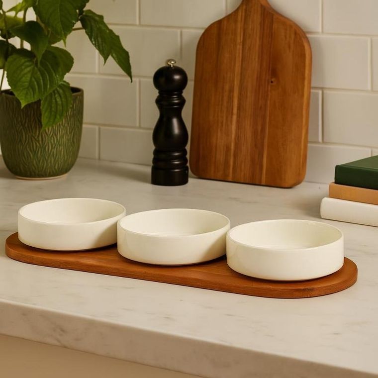 Excellent Houseware, Aperio, zestaw porcelanowych miseczek do serwowania przekąsek, bambusowa taca, 390 ml, 3 szt.