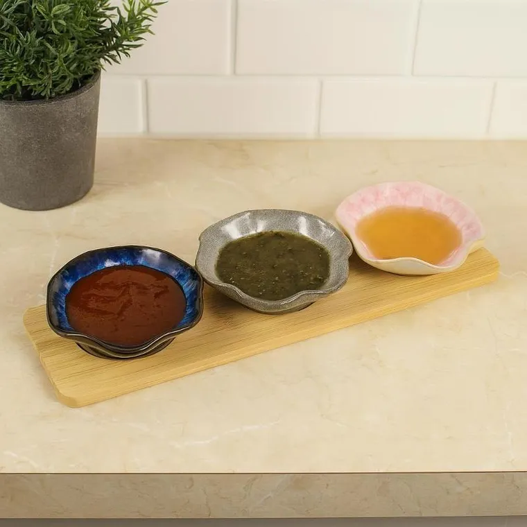 Excellent Houseware, bambusowy zestaw do serwowania z 3 porcelanowymi miseczkami