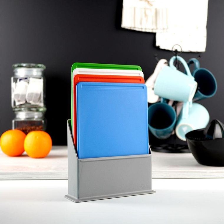 Excellent Houseware, deski do krojenia w stojaku, kolorowe plastikowe, 4 szt.