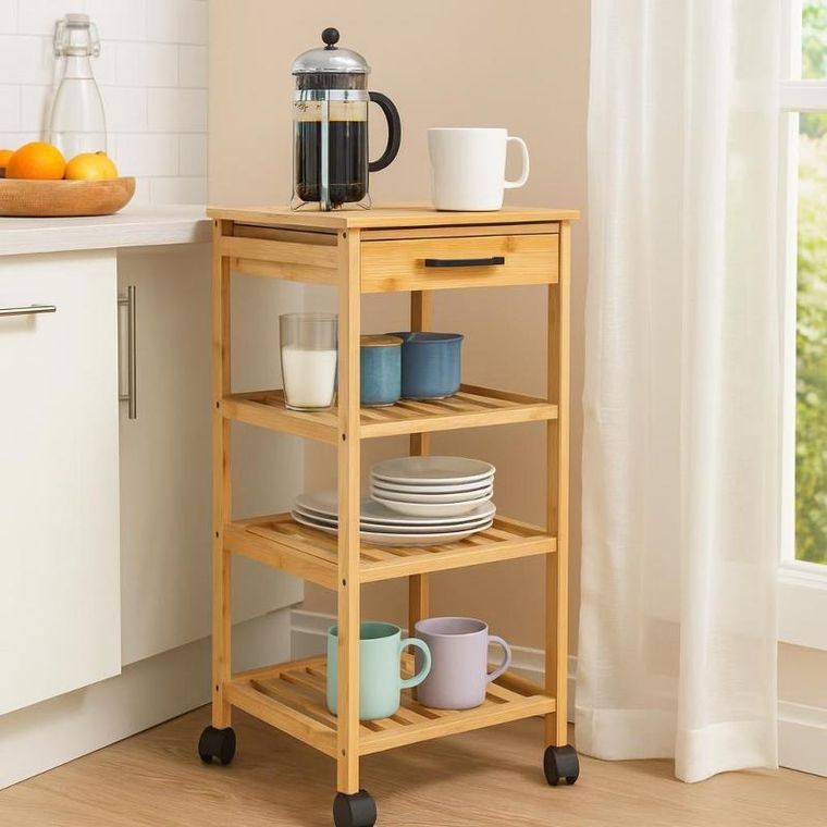 Excellent Houseware, Fero, bambusowy wózek kuchenny, 4 poziomy z szufladą, 30-30-73 cm