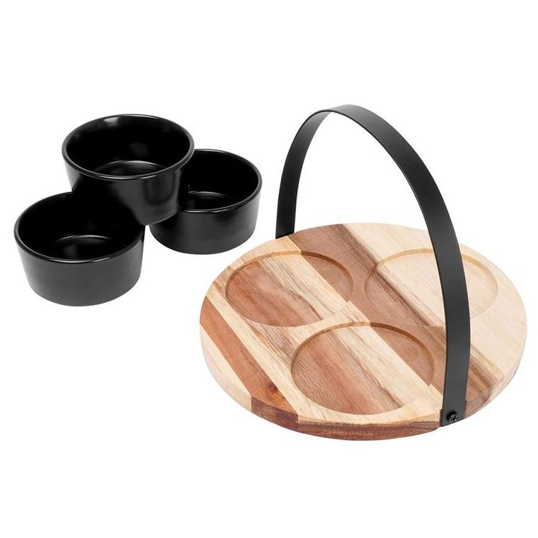 Excellent Houseware, miseczki ceramiczne do dipów, na przekąski, na tacy drewnianej, czarne, 4 elementy