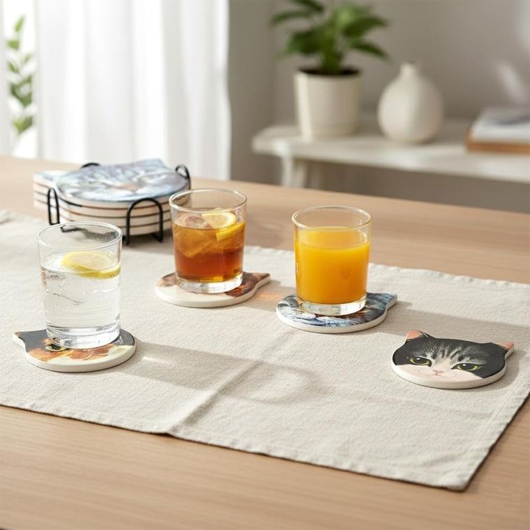 Excellent Houseware, podstawki pod kubek, w stojaku, kot, 4 szt.