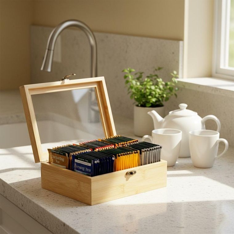 Excellent Houseware, pojemnik na herbatę, drewniany, 21-16-7,5 cm