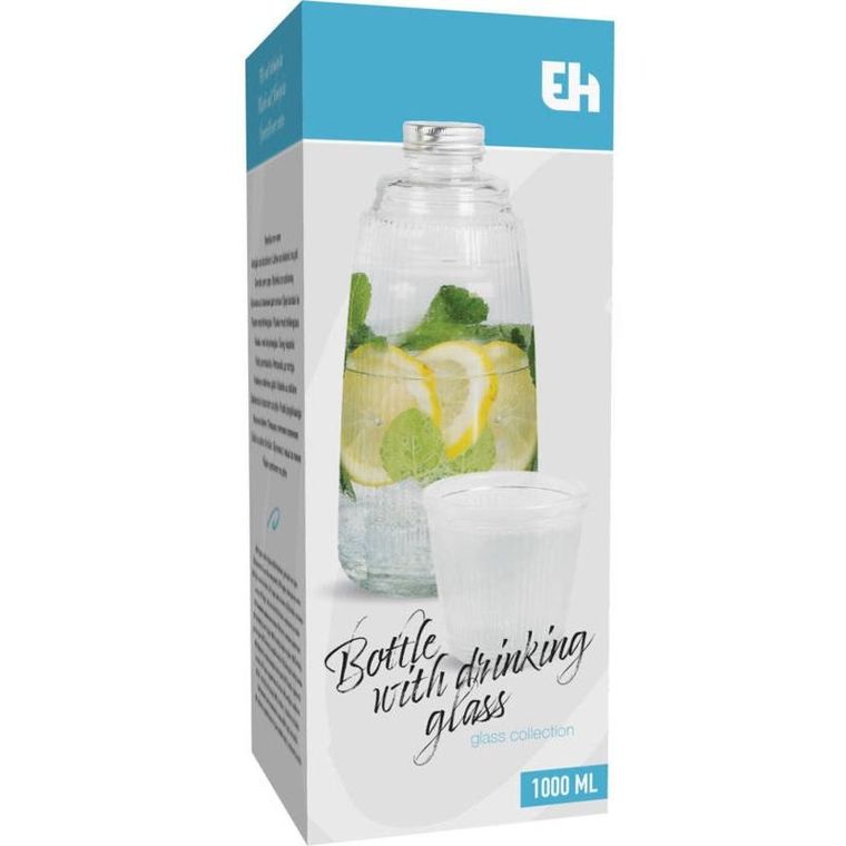 Excellent Houseware, szklana butelka z zakręcanym korkiem i szklanką, 1000 ml