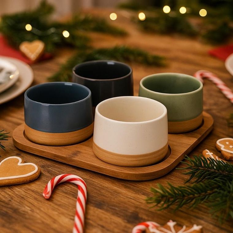 Excellent Houseware, Voyo, miseczki na przekąski na bambusowej tacy, 4 szt.