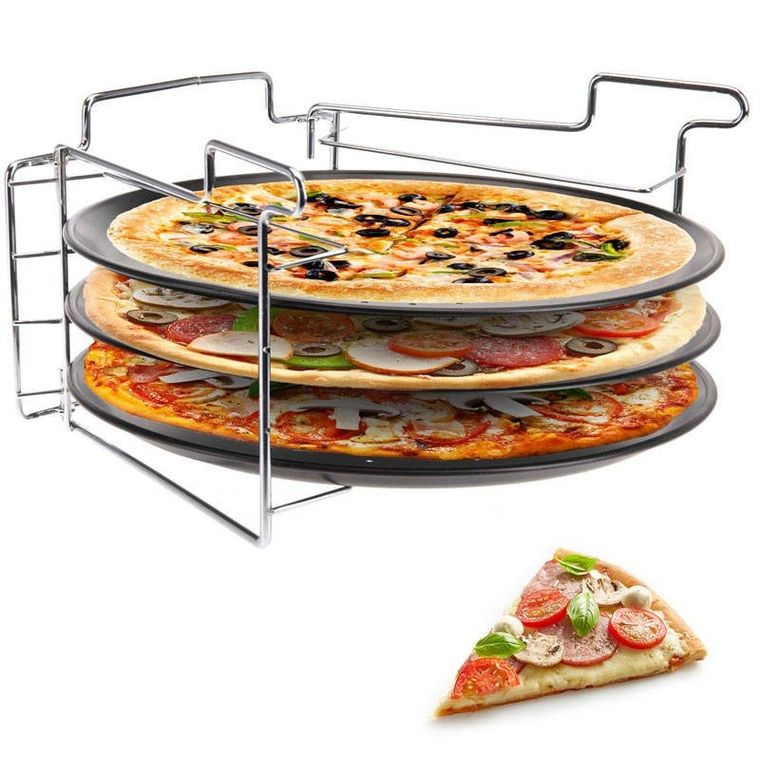 Excellent Houseware, zestaw do pieczenia pizzy: 3 metalowe blaszki + stojak